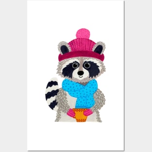 Raccoon with scarf, hat, mittens and a mug Posters and Art